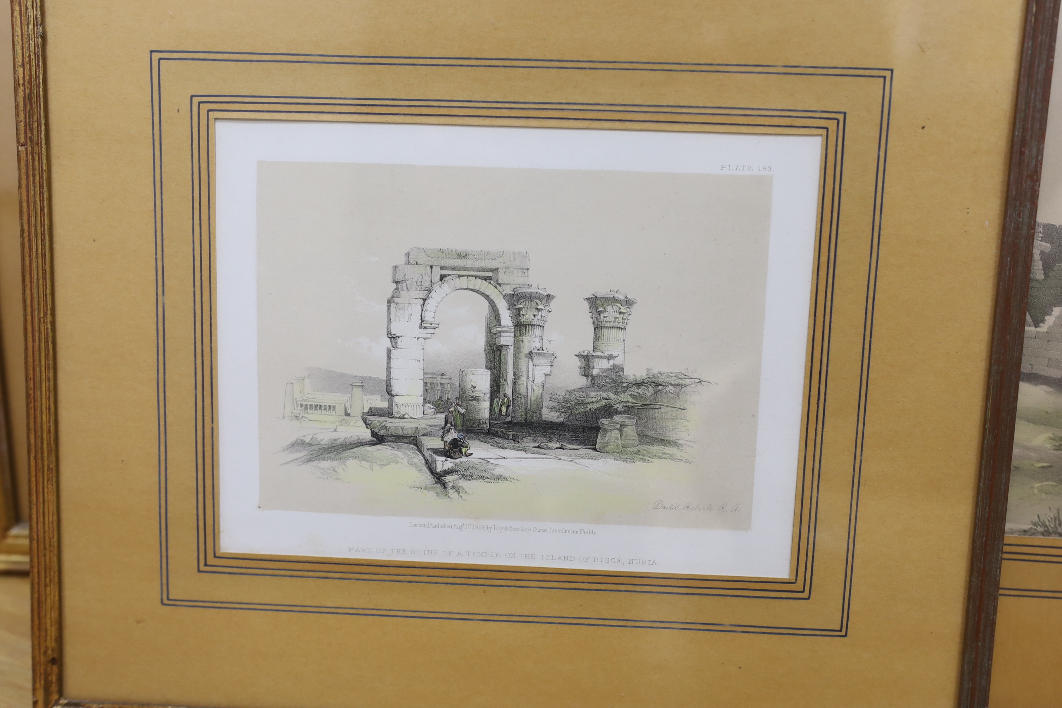 David Roberts RA (Scottish, 1796-1864), six colour lithographs, including ‘Part of the ruins of a temple on the island of Bigge’, Nubia, published, 1st August 1856 by Day & Son and ‘Entrance to the Caves of Beni Hussam’,